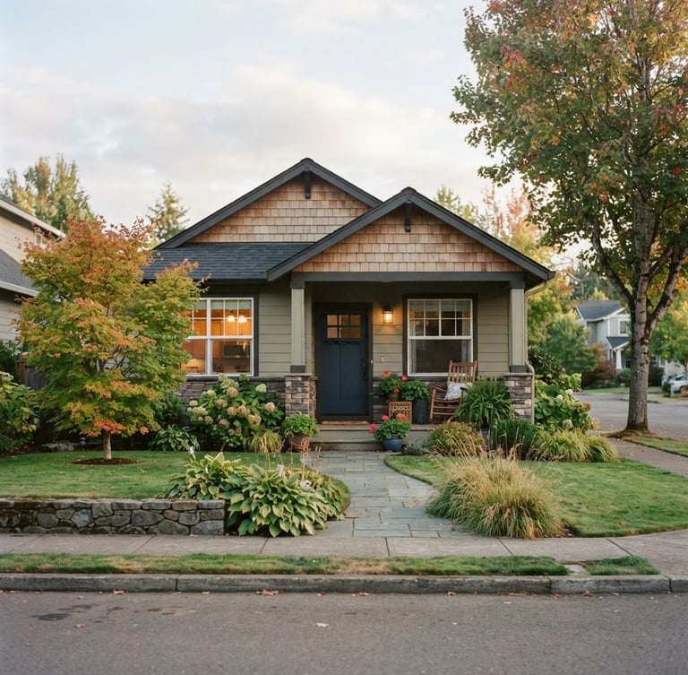 Warm editorial photography of a modest, well-maintained suburban home, soft morning daylight, muted earth tones, authentic residential setting, 35mm lens