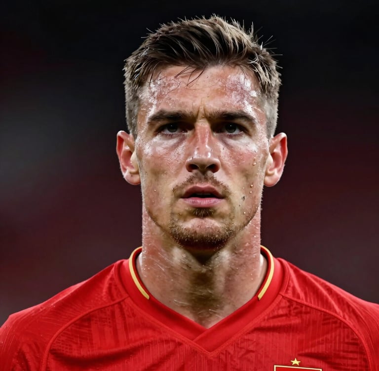 A close-up dramatic portrait of a team captain wearing a red jersey, intense expression, red and gold rim lighting, dark background, high-contrast