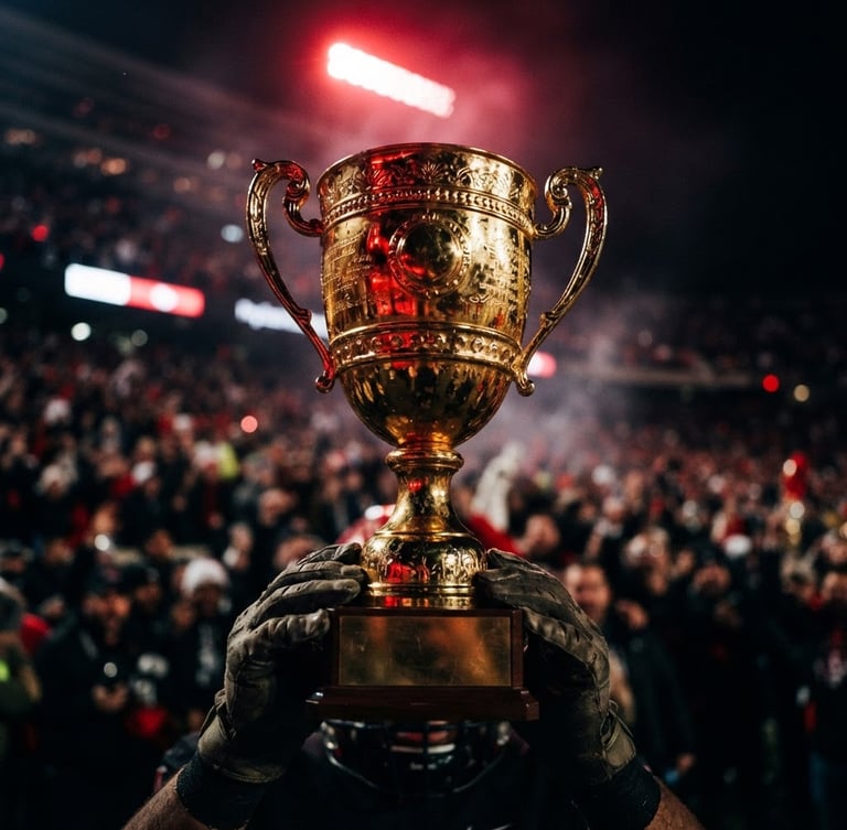 Dramatic close-up of a physical gold trophy reflecting crimson stadium lights, dark background, high-contrast action photography, 35mm