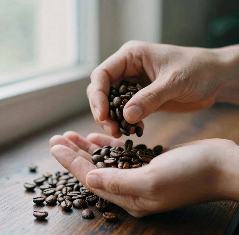 Close-up portrait of hands gently sifting through coffee beans on a dark wooden surface, soft side-lit window daylight, rich espresso and cream tones, shallow depth of field, 35mm film