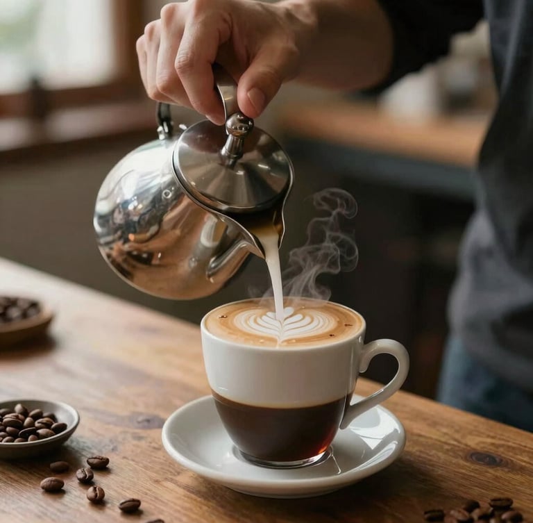 Close-up of a precise pour-over coffee being brewed, steam gently rising from the cup, against a soft-focus background of dark polished wood and diffused side-lit daylight, rich espresso and cream tones, shallow depth of field, 35mm film.