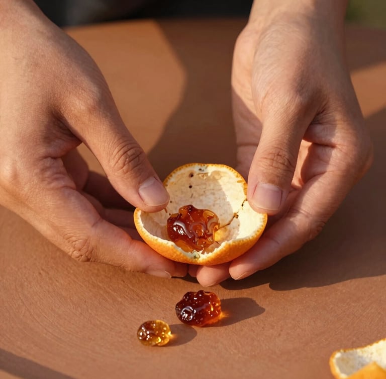 Close-up of hands gently holding raw citrus peels and amber resins on a minimalist clay surface, warm lateral sunset light, tactile textures.