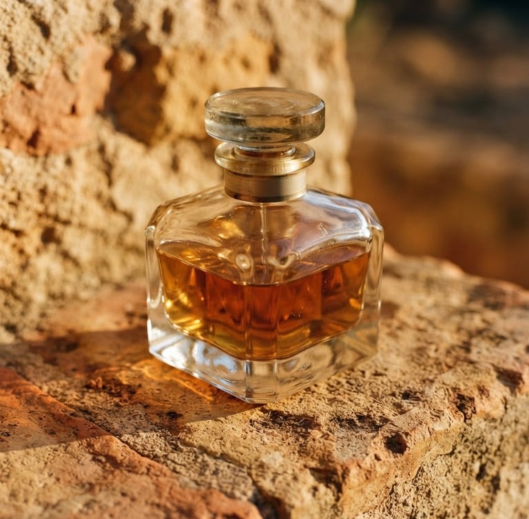 Macro shot of a heavy glass perfume bottle on textured stone, warm golden-hour sunlight casting long dramatic shadows, amber and terracotta tones, 35mm photography.