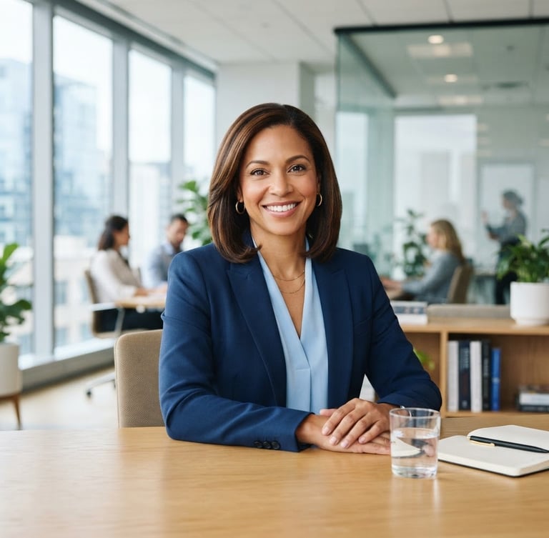 Professional portrait of Brandy Howard in a modern, well-lit office, smiling confidently, natural daylight, crisp navy and sky blue tones, 35mm lens