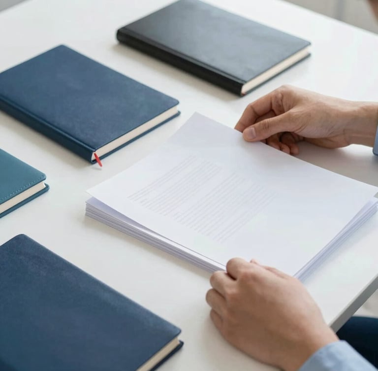 Medium-close shot of hands organizing documents on a clean desk, structured notebooks, natural daylight, crisp navy and sky blue tones, 35mm lens