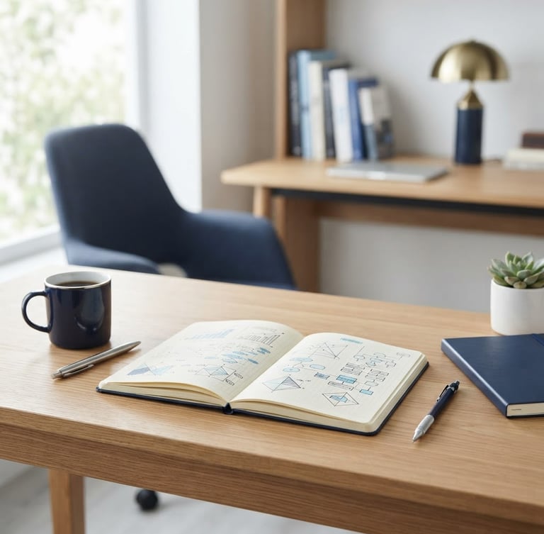 Professional, well-lit modern workspace with structured notebooks and clean diagrams, soft natural daylight, crisp navy and sky blue tones, clean composition, 35mm lens