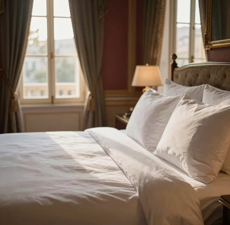 Close-up of a sun-drenched palatial suite with crisp premium linens, soft natural window light, warm editorial photography, 35mm