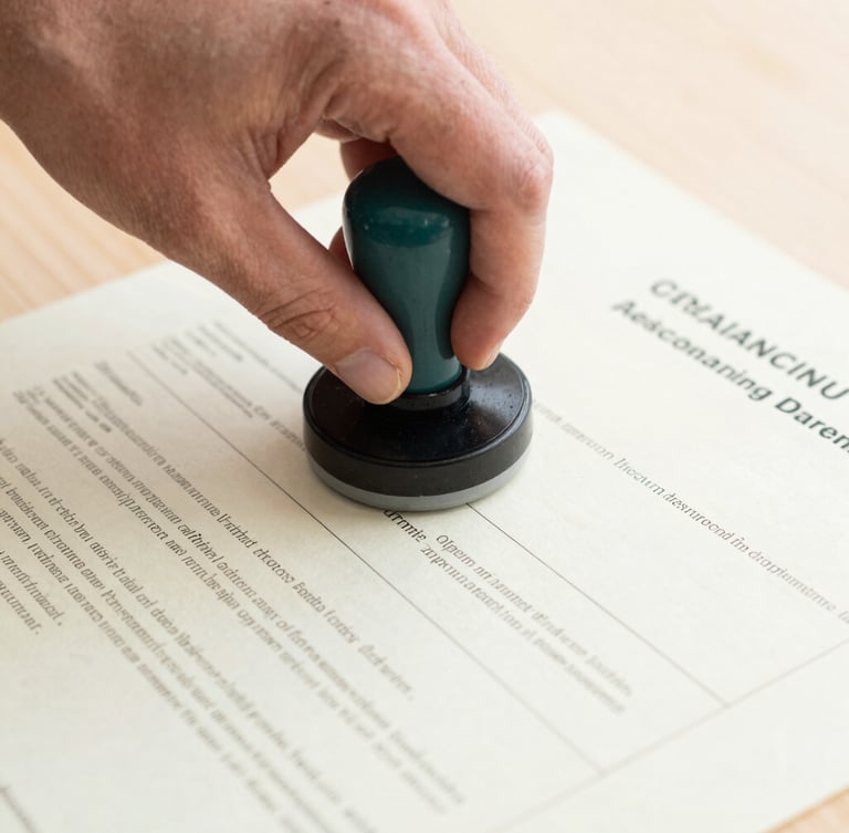 Close-up of a professional hand placing an official embossed stamp on a validated academic transcript, bright natural daylight, neutral tones, sharp focus, 35mm