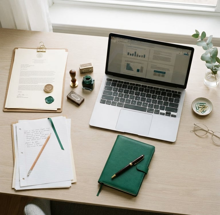 Overhead flat-lay of organized academic documents, legal stamps, and a clean laptop on a bright white desk, natural daylight, emerald green accents, sharp focus, 35mm