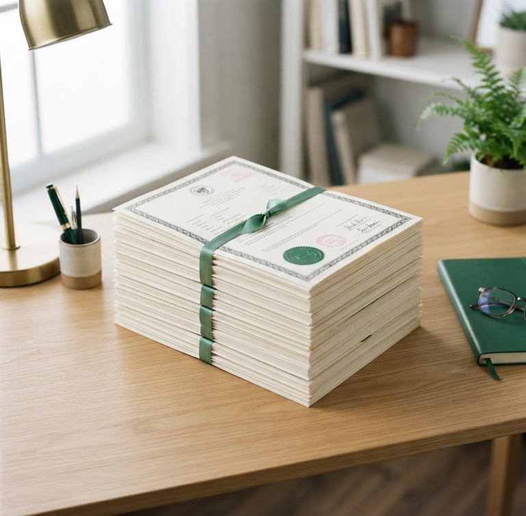 Bright editorial photography of organized academic transcripts with official stamps on a clean desk, neutral tones with subtle emerald accents, sharp focus, 35mm