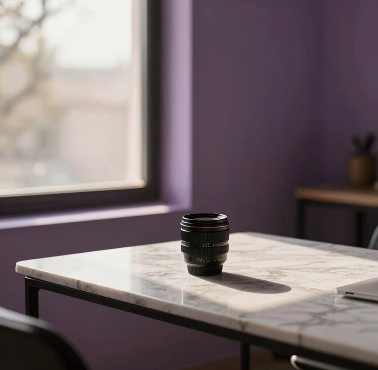 A premium minimalist creative studio workspace in Lahore, marble desk, warm natural daylight streaming through a window, subtle violet ambient glow, 35mm lens, editorial crop.