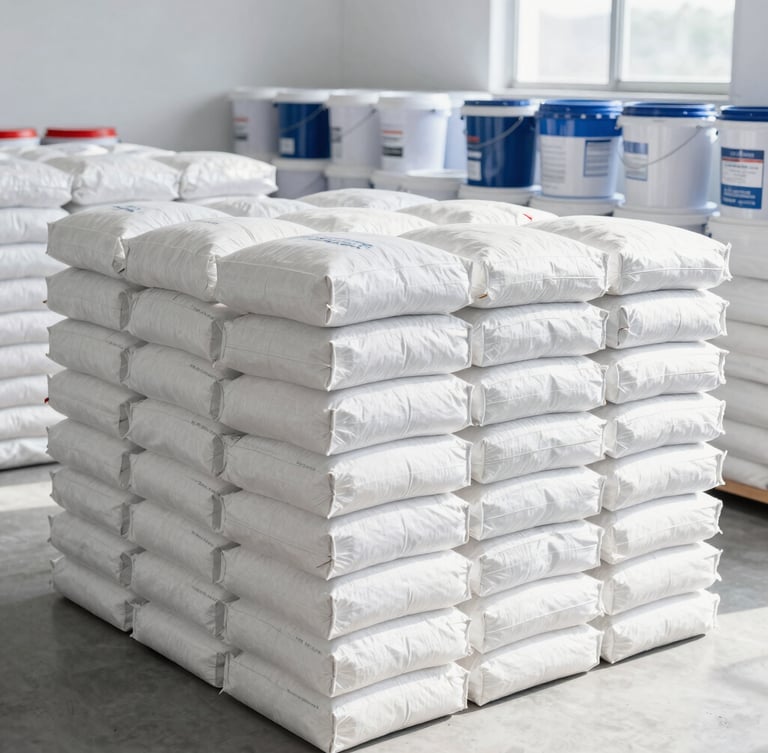 Bright commercial shot of stacked white wall putty sacks and paint buckets inside an orderly, clean warehouse with natural light.