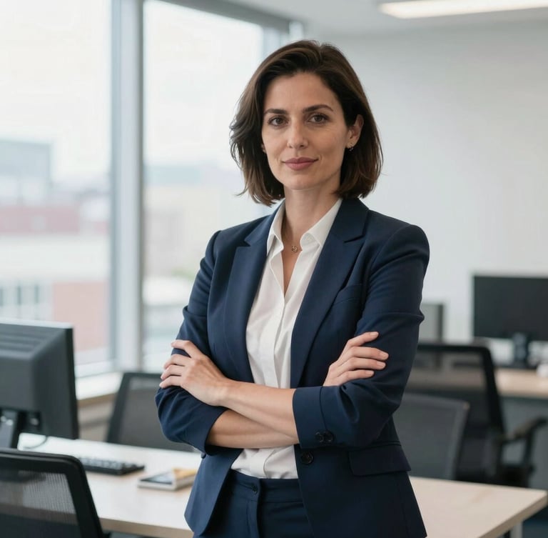 Professional portrait of a female immigration consultant in a bright Montreal office, natural daylight, cool corporate tones, looking confident, 35mm photography