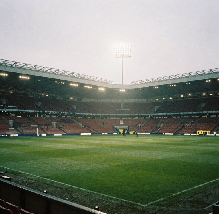 Stadium floodlights cutting through evening mist at a local London football ground, gritty high-contrast 35mm film style