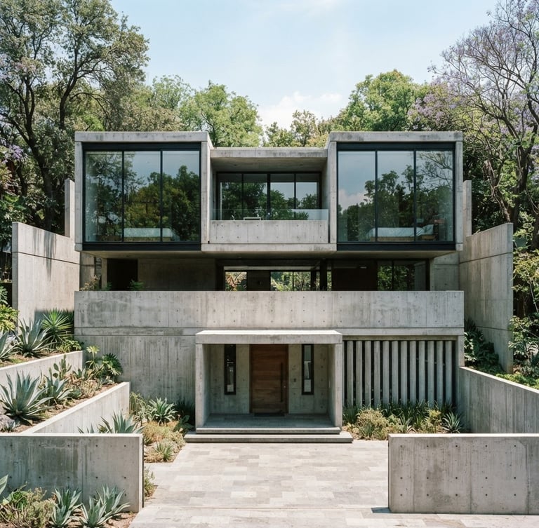 Straight-on architectural elevation of a modern brutalist concrete residence in Lomas de Chapultepec, clean lines, large glass panes reflecting green treetops, bright natural daylight, 35mm photography