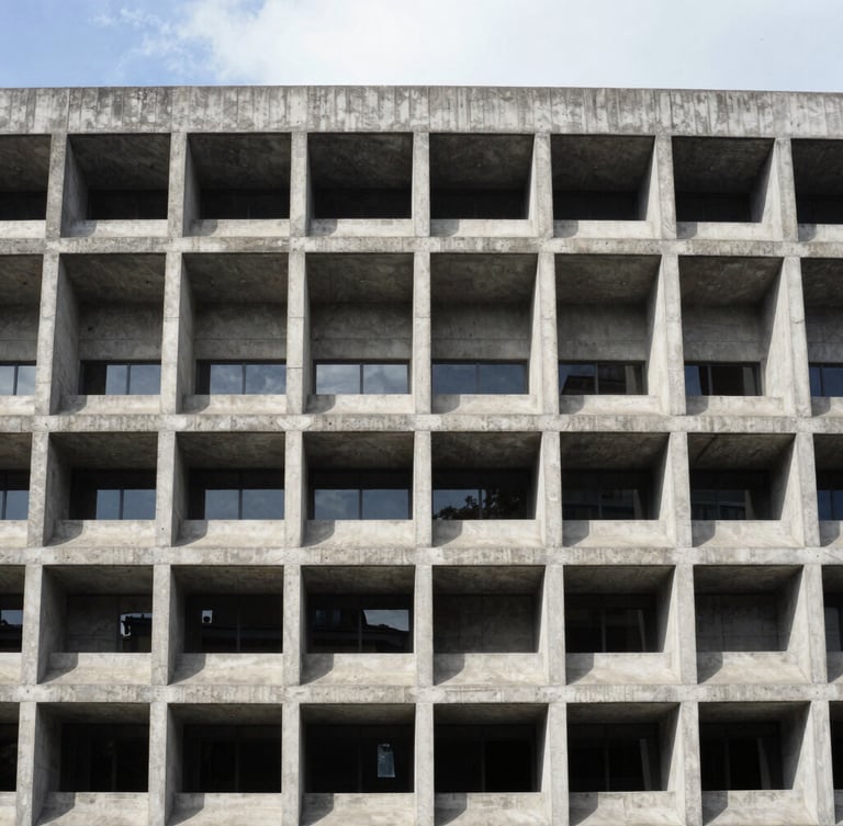 Straight-on architectural elevation of a concrete modernist building facade in Mexico City, sharp geometric shadows, natural overcast daylight, 35mm