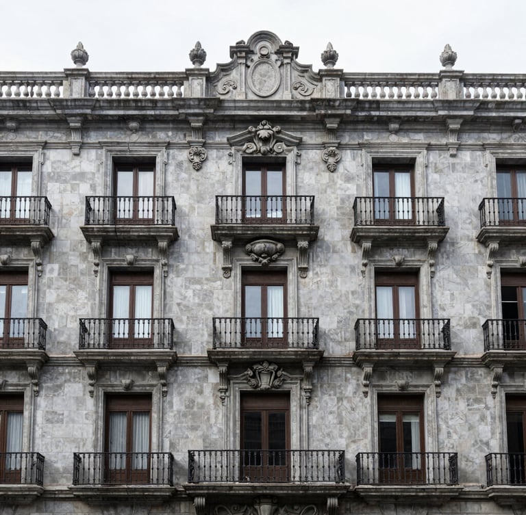 Symmetrical architectural elevation of a restored Porfirian building facade in Colonia Juárez, grey stone detailing, iron balconies, clean overcast daylight, 35mm