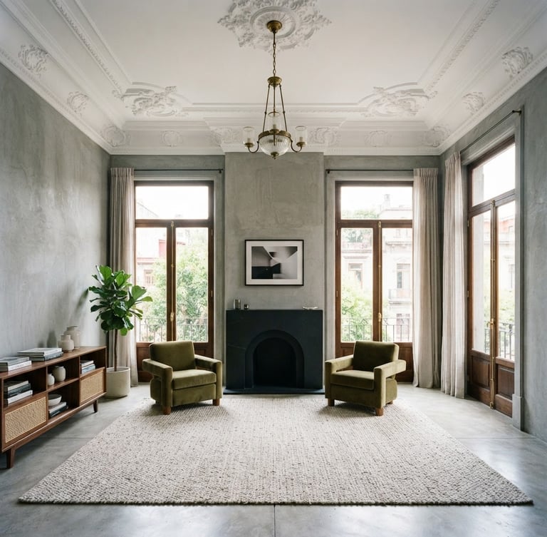 Symmetrical straight-on architectural shot of a high-ceiling living room in Roma Norte, restored plaster moldings, natural light flooding through tall French windows, cool gray concrete walls, 35mm