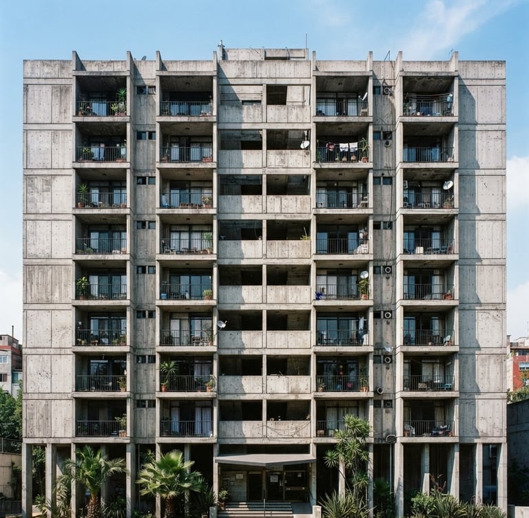 Straight-on architectural elevation of a concrete brutalist apartment building in Mexico City, raw concrete textures, sharp shadows, bright natural daylight, 35mm