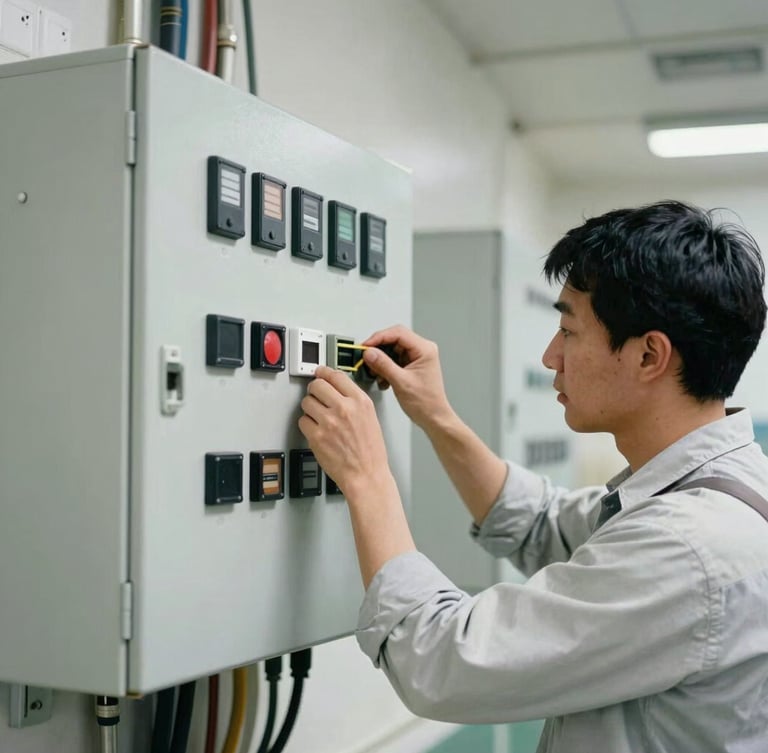Historical photo of a technician installing a complex alarm control panel in a commercial building, physical conduit visible, bright utility lighting, honest documentary style, 35mm lens.