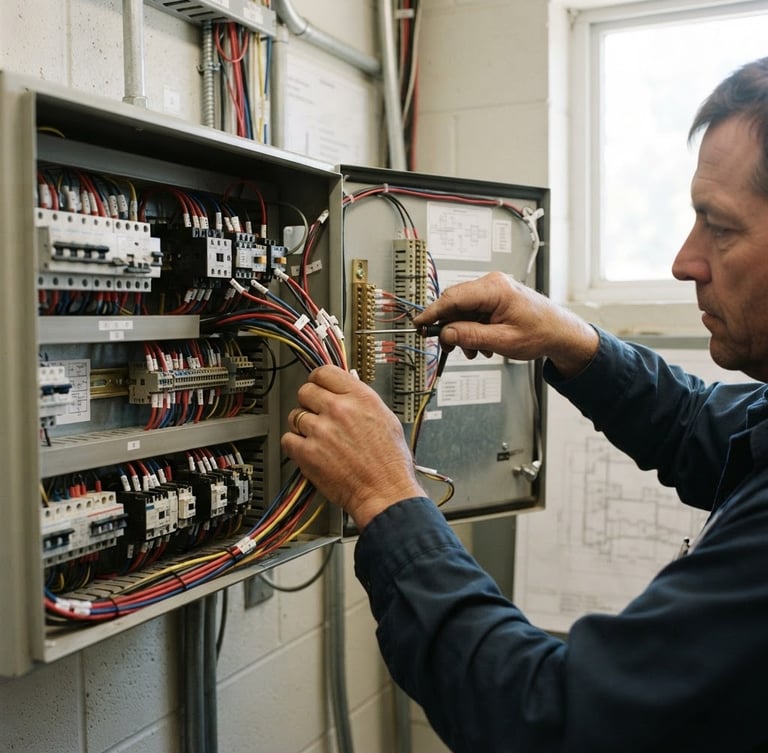 Technician's hands installing a control panel, wires visible, clean utility lighting, sharp focus, honest documentary photography.