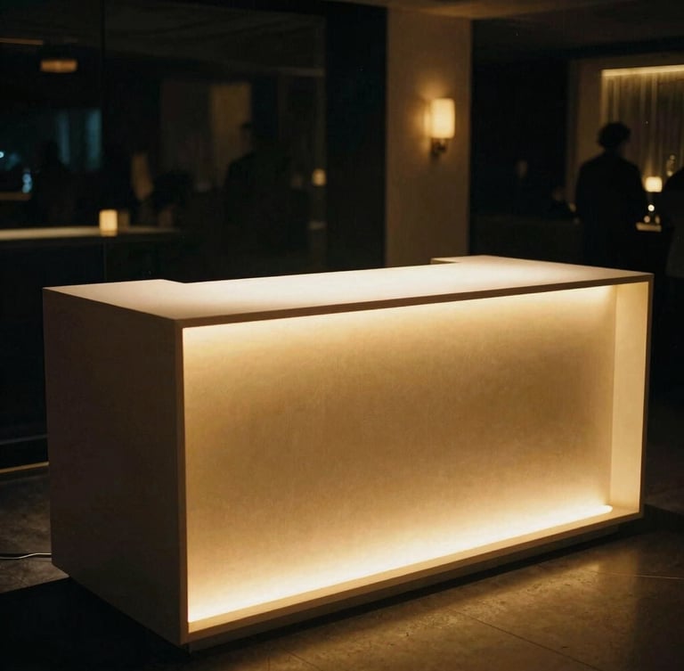 Sleek minimalist DJ booth with warm golden uplighting, no visible wires, elegant venue background, low light