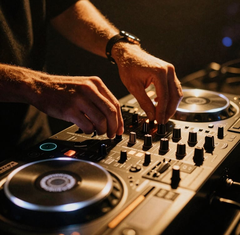 Moody close-up of hands on a premium DJ controller, warm ambient golden uplighting, deep shadows, 35mm film grain, moody event photography