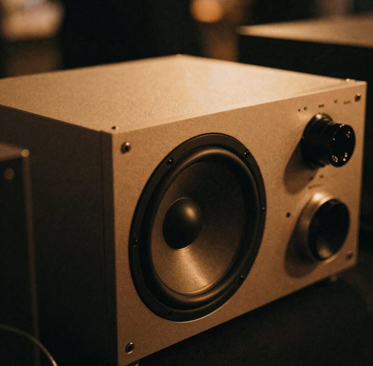 Moody detail shot of premium, high-end minimalist audio equipment, warm ambient lighting, deep shadows, luxurious texture, 35mm film grain