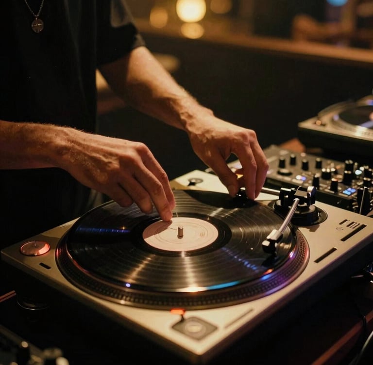 Close-up of professional DJ hands adjusting a sleek vinyl turntable in a low-light luxury lounge, warm golden ambient uplighting, moody shadows, 35mm film grain
