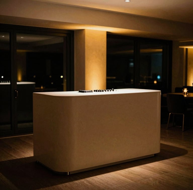 A sleek, completely wireless minimalist DJ booth in an elegant modern venue, warm ambient golden uplighting, clean lines