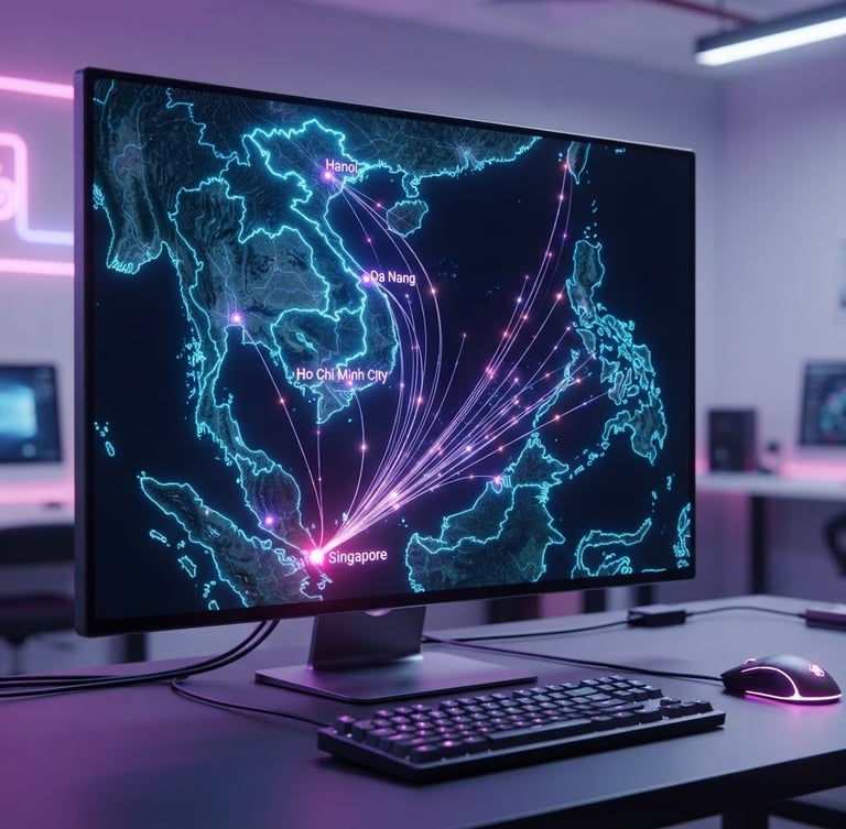 Localized network map of Vietnam connecting directly to Singapore servers, showing low latency lines, subtle purple and pink neon glows, crisp studio lighting.
