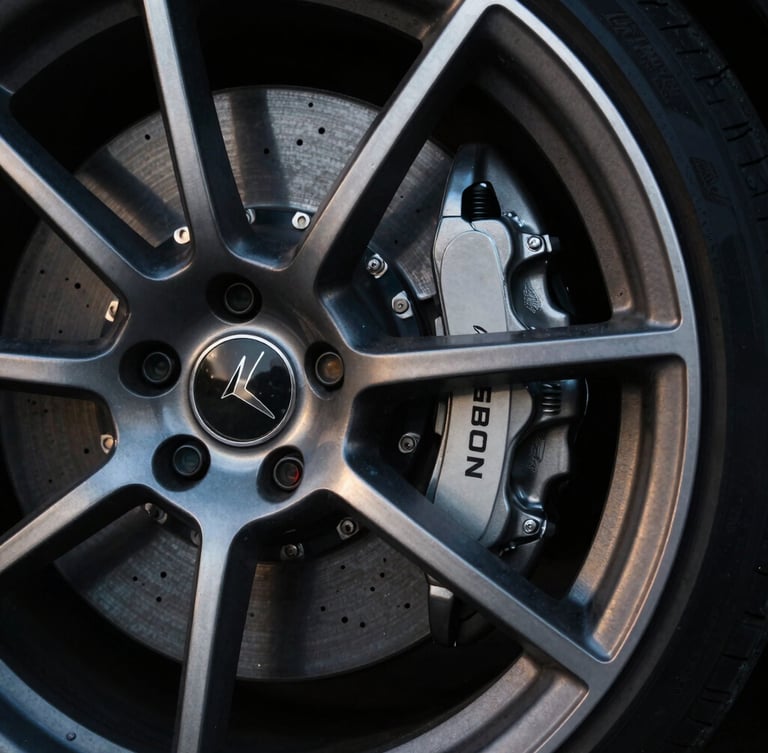 Tight detail crop of a high-performance sports car wheel and brake caliper, dramatic low-key lighting, sharp metallic reflections, 35mm lens.