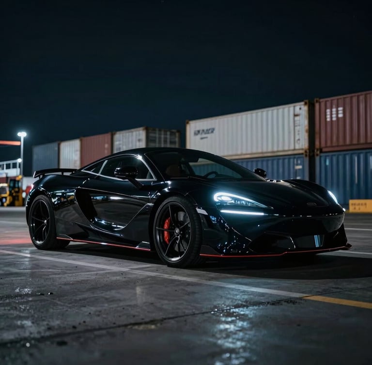 Cinematic low-angle wide shot of a sleek black modern sports car parked at a shipping port at night, dramatic low-key lighting, high-contrast neon reflections on polished paint, 35mm lens, moody urban atmosphere.