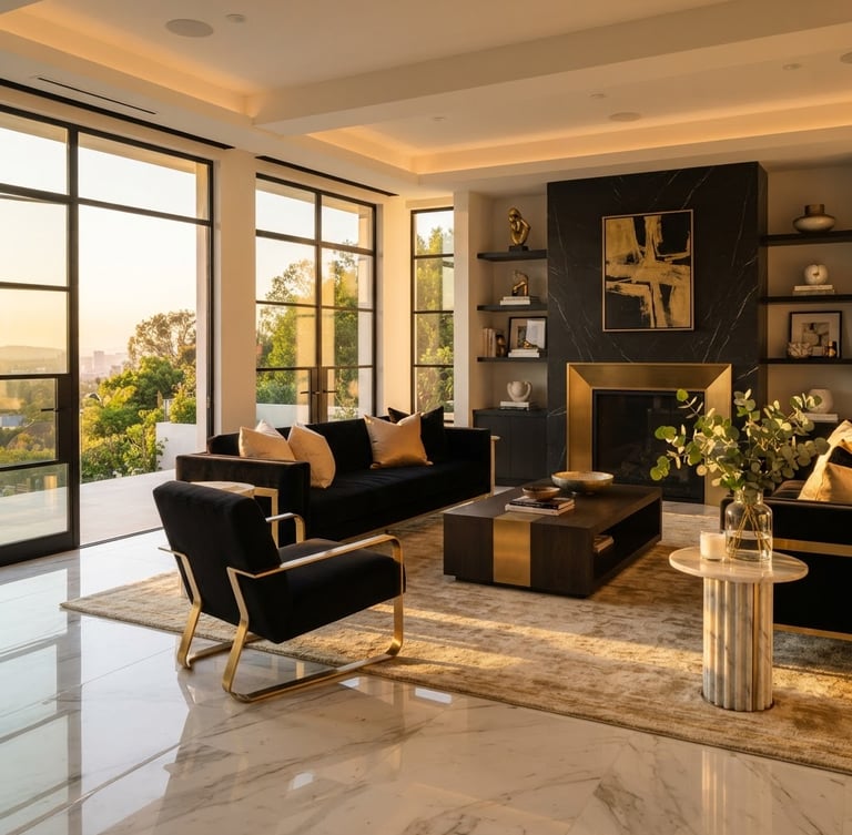 Pristine, sunlit high-end living room with polished marble floors, warm golden-hour light streaming through large architectural windows, minimal elegant furniture