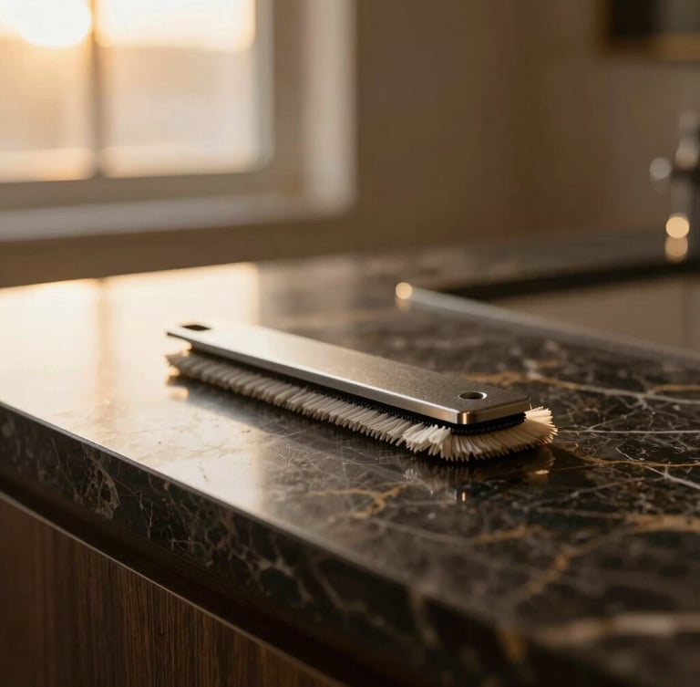 Macro detail shot of a polished marble countertop with clean, structured cleaning tools, soft warm golden-hour side lighting, shallow depth of field