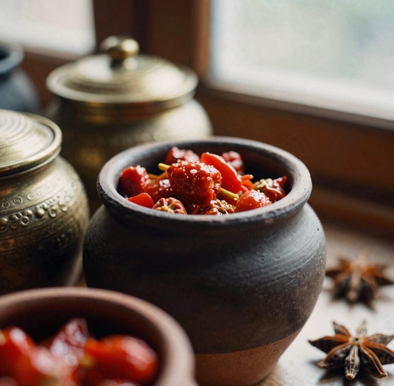 Macro close-up of dark textured clay jars filled with rich red pickles, warm afternoon window light casting deep soft shadows on raw spices, 35mm film.