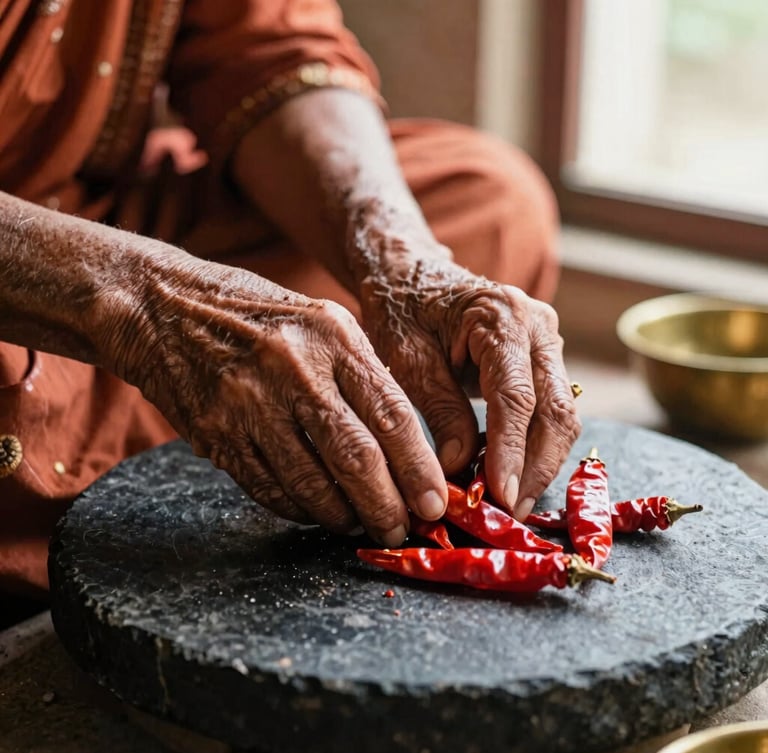 Close-up portrait of elderly Indian grandmother's weathered hands stone-grinding red chillies on a traditional black stone slab, warm directional light, rich terracotta tones, shallow depth of field