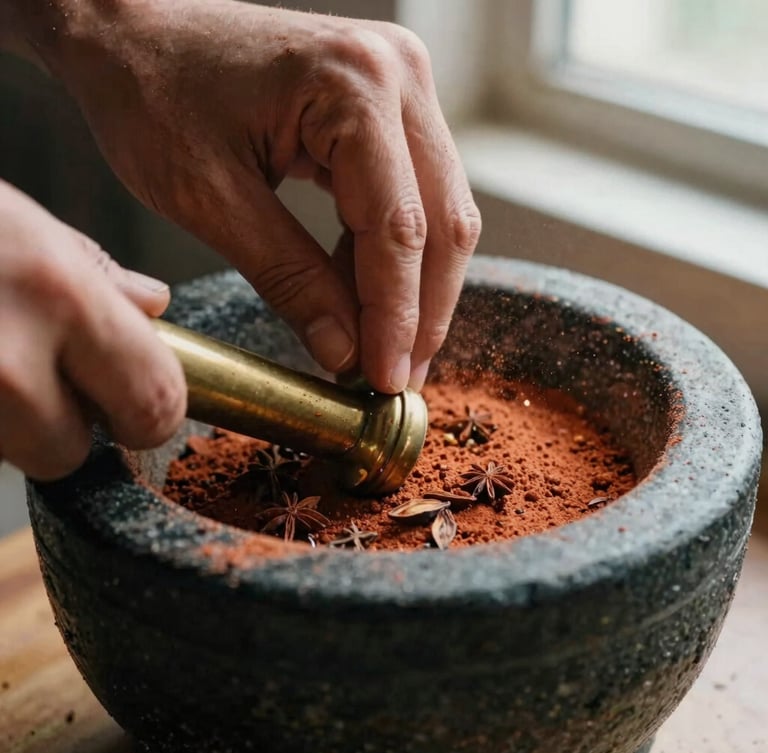Macro close-up of hands stone-grinding whole spices on a traditional black stone mortar, warm directional afternoon window light, rich terracotta dust, 35mm film