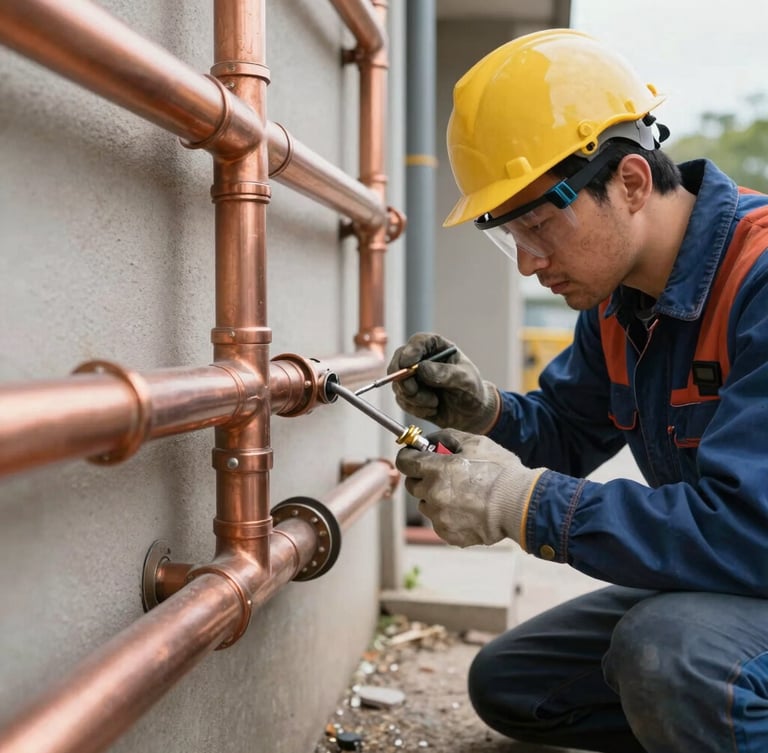 Wide-angle action shot of a licensed plumber soldering clean copper pipes under crisp daylight, safety gear visible, industrial-editorial style.