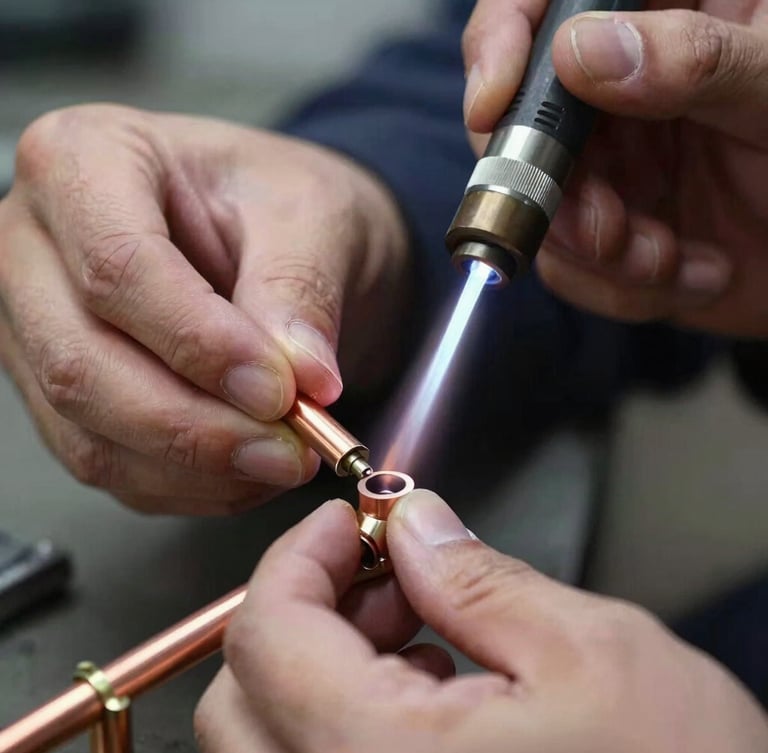 Close-up of a professional technician's hands carefully soldering a clean copper pipe joint with a bright, focused torch flame, sharp details, industrial precision.