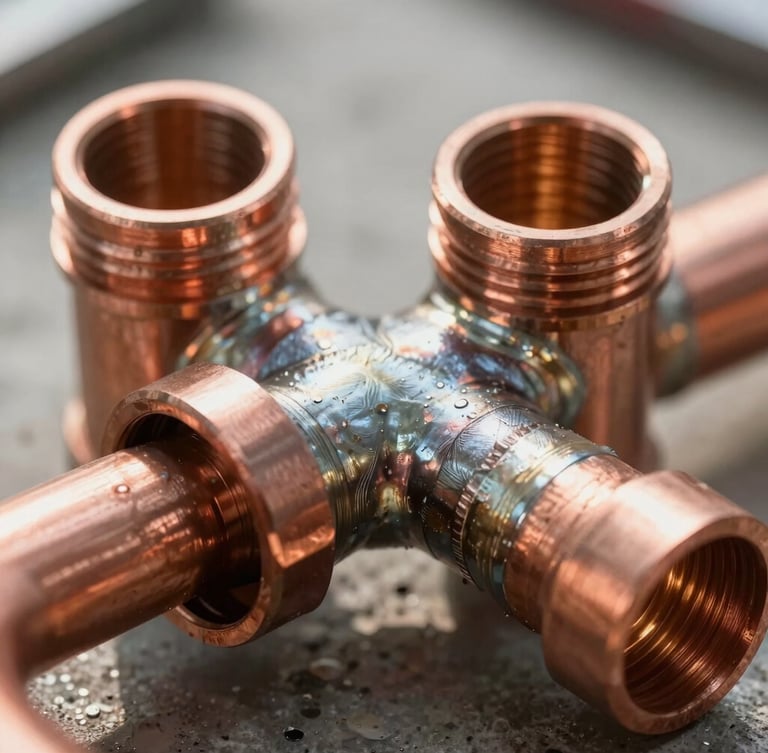 Macro close-up of clean copper pipe joints newly soldered, bright natural daylight illuminating the metallic sheen, clean work site.