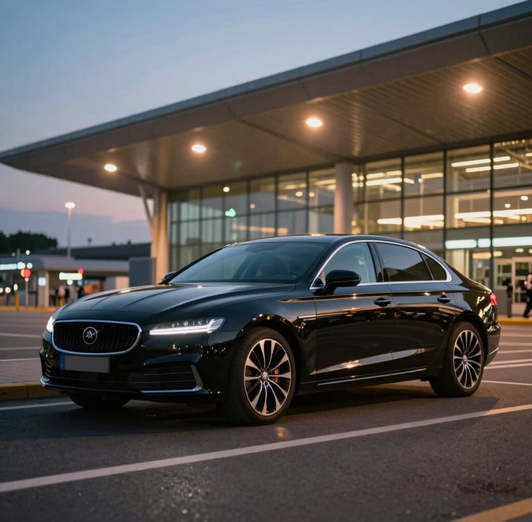 Wide environmental shot of a polished black executive sedan parked near a modern airport terminal in Rome at twilight, warm streetlights reflecting on the metallic body, sharp focus, cinematic atmosphere.