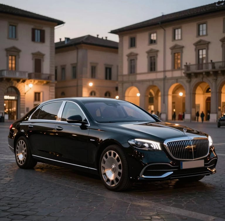 A premium black luxury sedan parked in a historic Italian piazza during cinematic twilight, soft warm streetlights reflecting on the polished deep metallic paint, wide environmental shot, 50mm focus