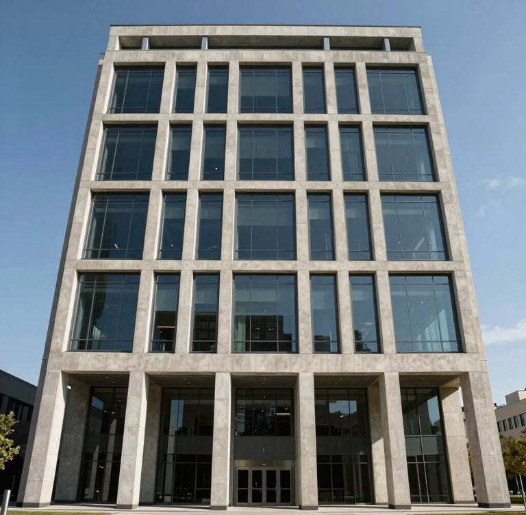 Straight-on architectural elevation of a massive, modern concrete and glass corporate headquarters under clear midday sun, emphasizing geometric structure and scale.