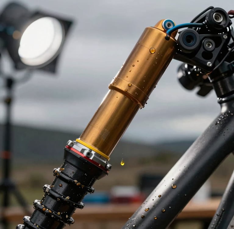 Extreme close-up of a mountain bike rear shock damper being disassembled in a clean workshop, specialized gold suspension fluid dripping, high-contrast spotlighting, dynamic composition, 35mm lens.
