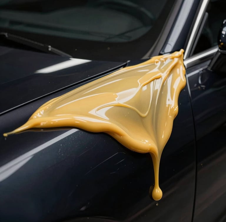 Extreme close-up, liquid wax being applied to a dark car panel, showing a smooth, buttery glide. High-contrast studio lighting, deep liquid reflections, warm gold and dark navy tones, 85mm.
