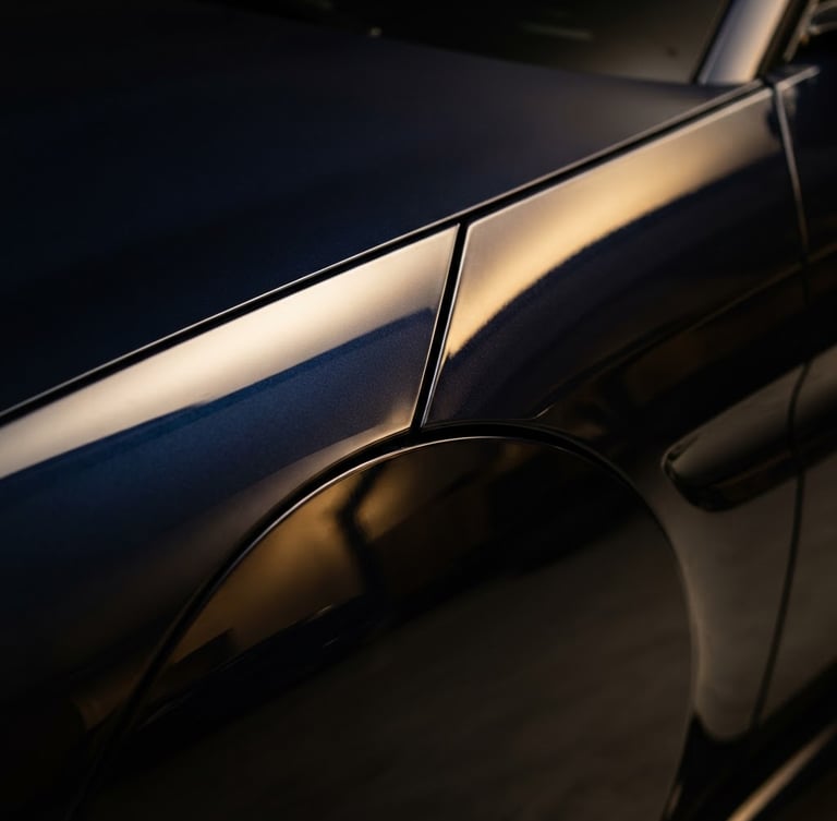 Extreme close-up of a flawless dark car fender, showing deep, liquid-like reflections under high-contrast studio lighting, sharp body lines, warm gold and dark navy tones, 85mm.