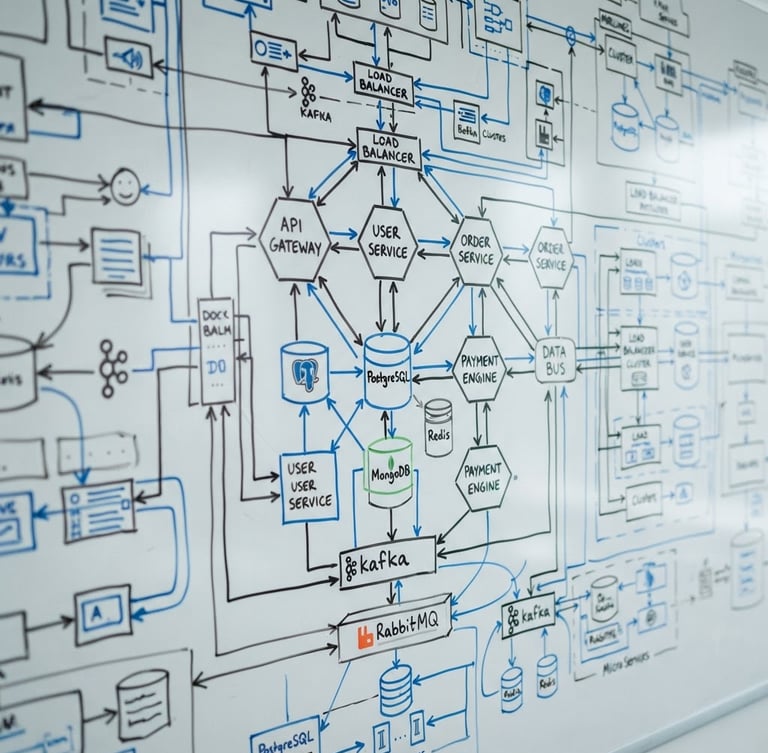 Close-up of a real system architecture diagram drawn on a white board with blue and black markers, clean lines, technical blueprint style, natural office daylight, crisp editorial photography