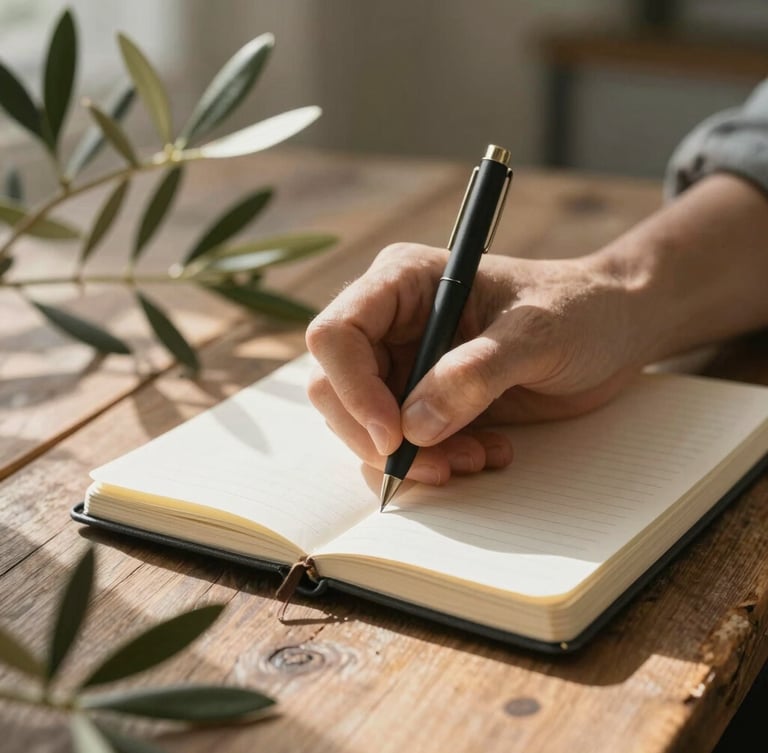A close-up of hands writing in a linen journal on a rustic wooden table, soft morning light filtering through olive branches, quiet and focused atmosphere.