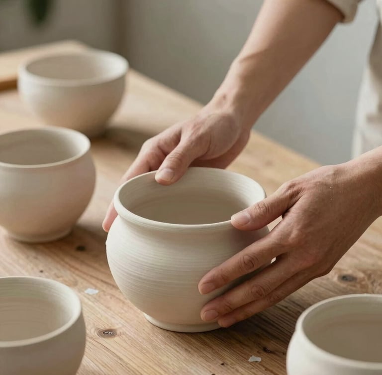 A close-up of hands arranging raw ceramic vessels on a rustic wooden table, soft morning light, natural textures
